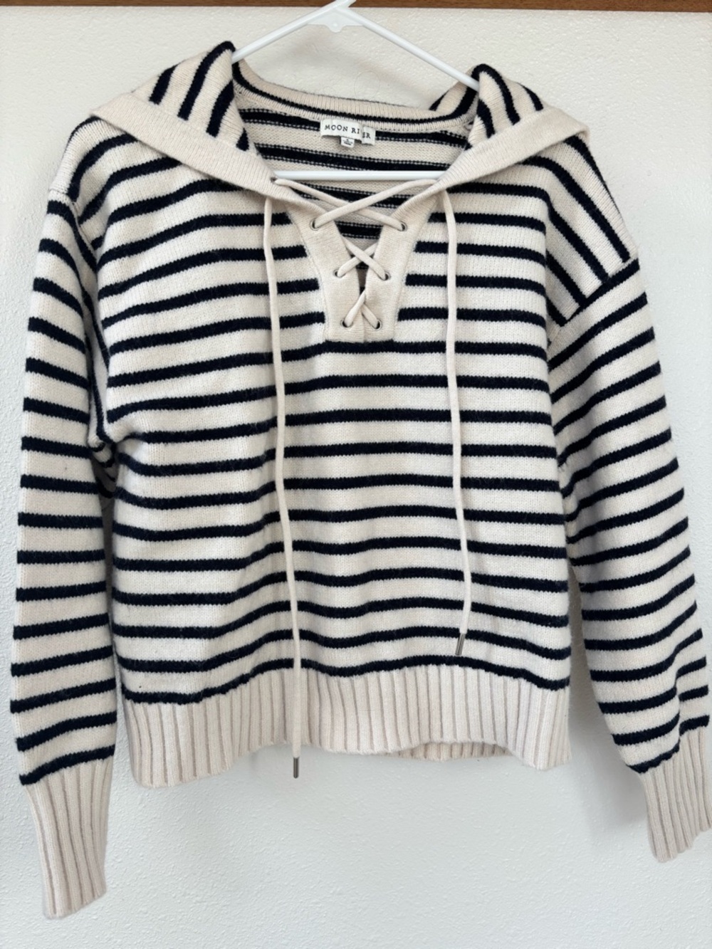 Moon River Cream and Black Striped Lace-Up V-Neck Hoodie Sweater